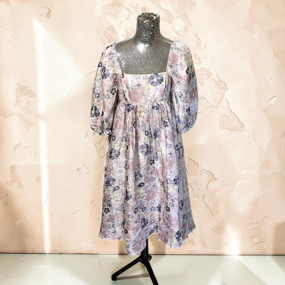 Pastel Floral Cottagecore Midi Dress Puff Sleeve Square Neck Medium Garden Party